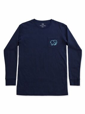 Ivory Ella Small Navy Long Sleeve Graphic Tee Elephant Logo Pocket Shirt
